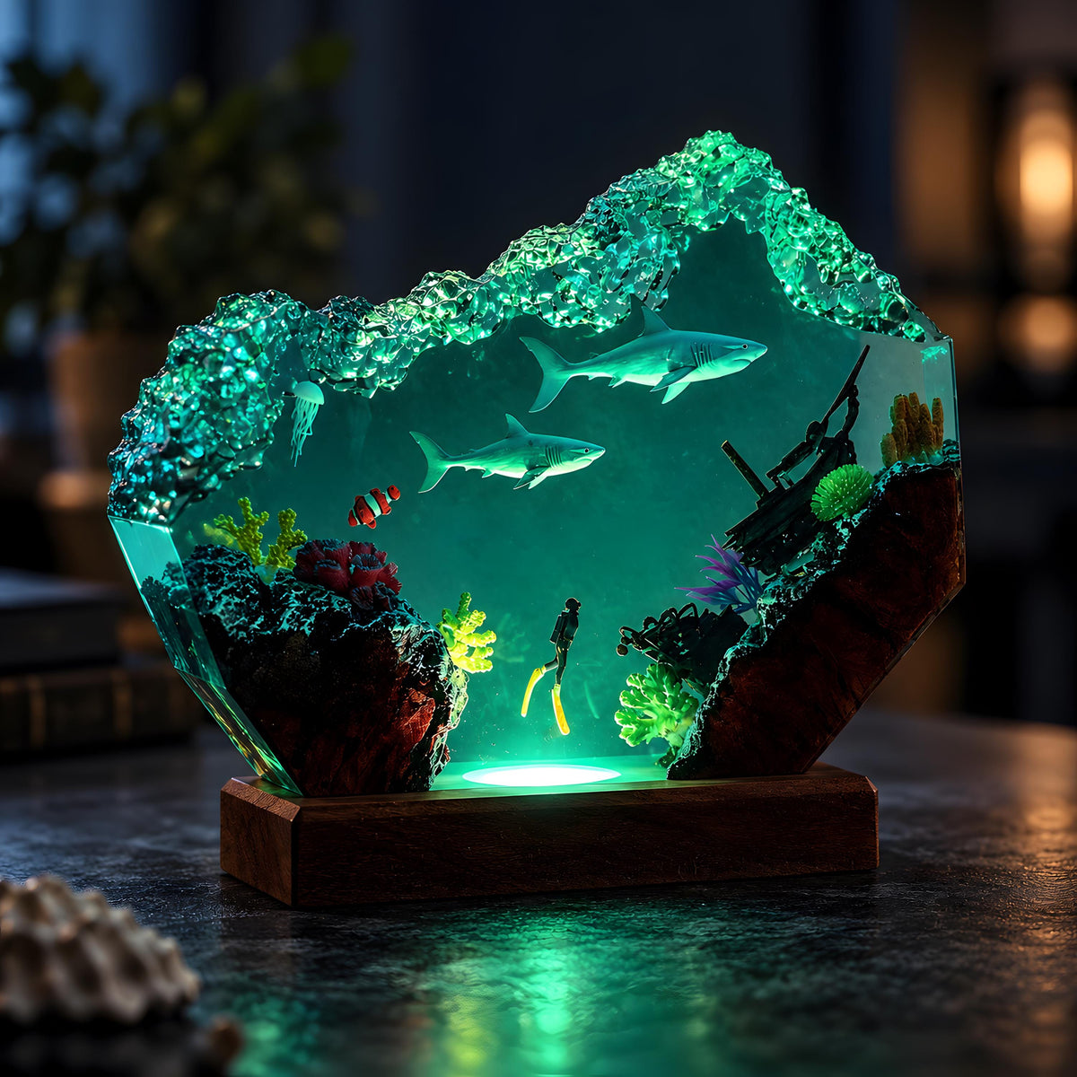 Shark Resin Lamp, Scuba Diver LED Night Light, Ocean Shipwreck Coastal Decor