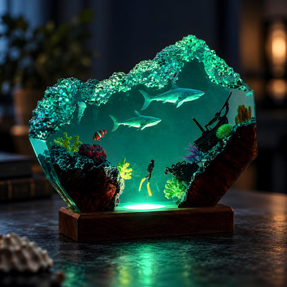 Shark Resin Lamp, Scuba Diver LED Night Light, Ocean Shipwreck Coastal Decor