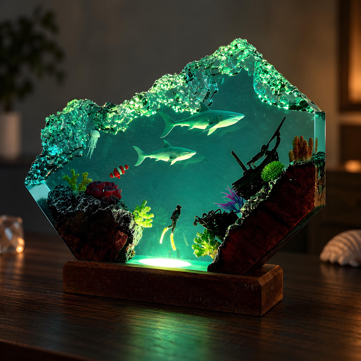 Shark Resin Lamp, Scuba Diver LED Night Light, Ocean Shipwreck Coastal Decor