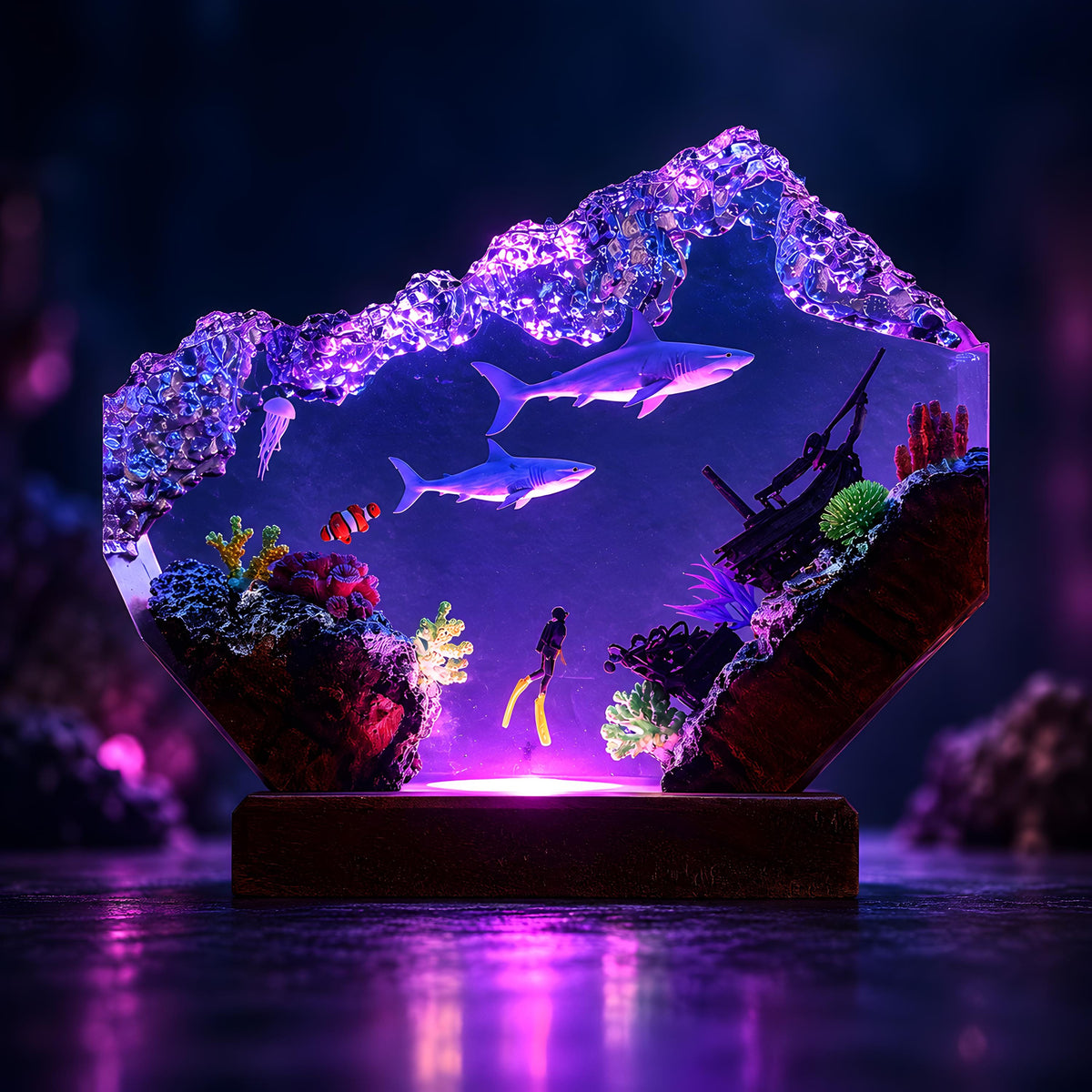 Shark Resin Lamp, Scuba Diver LED Night Light, Ocean Shipwreck Coastal Decor
