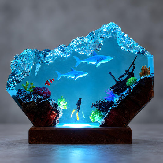 Shark Resin Lamp, Scuba Diver LED Night Light, Ocean Shipwreck Coastal Decor