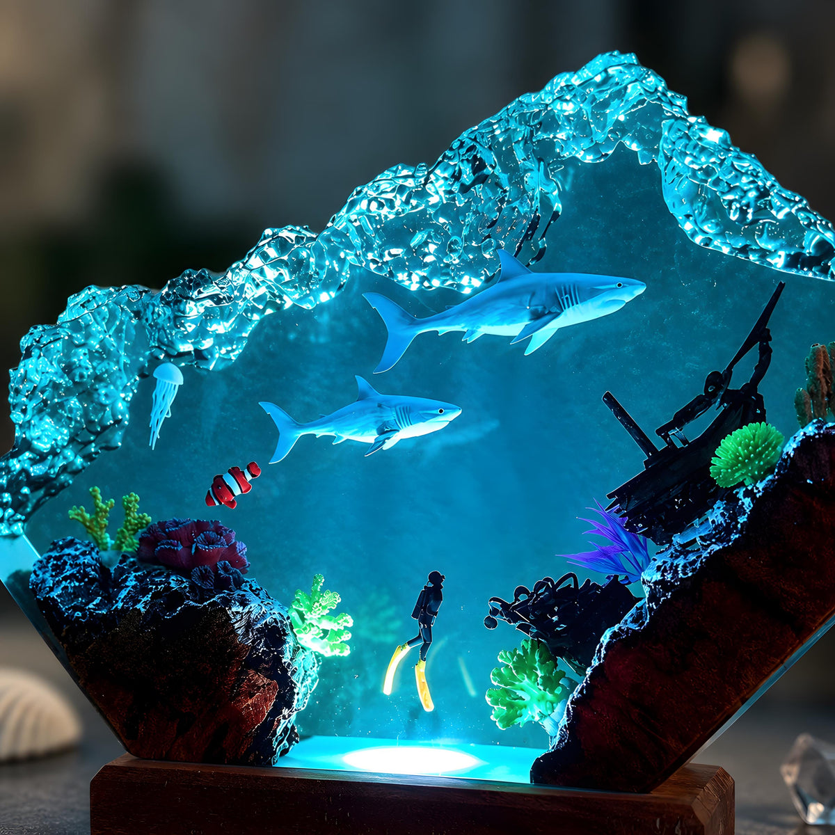 Shark Resin Lamp, Scuba Diver LED Night Light, Ocean Shipwreck Coastal Decor