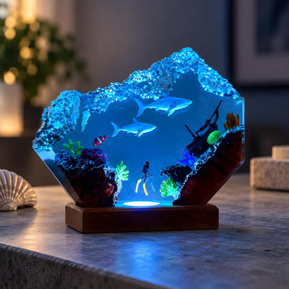 Shark Resin Lamp, Scuba Diver LED Night Light, Ocean Shipwreck Coastal Decor