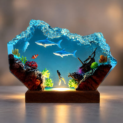 Shark Resin Lamp, Scuba Diver LED Night Light, Ocean Shipwreck Coastal Decor