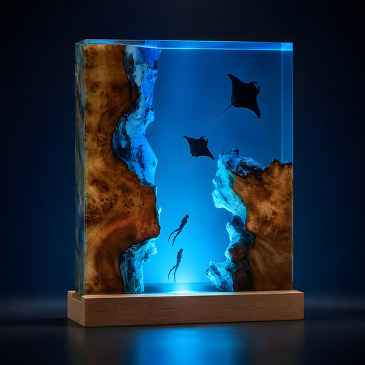 Manta Ray Resin Lamp, Ocean LED Night Light, Diver Epoxy Lamp, Coastal Room Decor