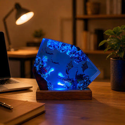 Manta Ray Resin Lamp, Diver Ocean LED Night Light, Underwater Coastal Decor
