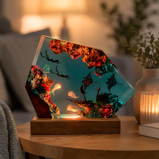 Manta Ray Resin Lamp, Diver Ocean LED Night Light, Underwater Coastal Decor
