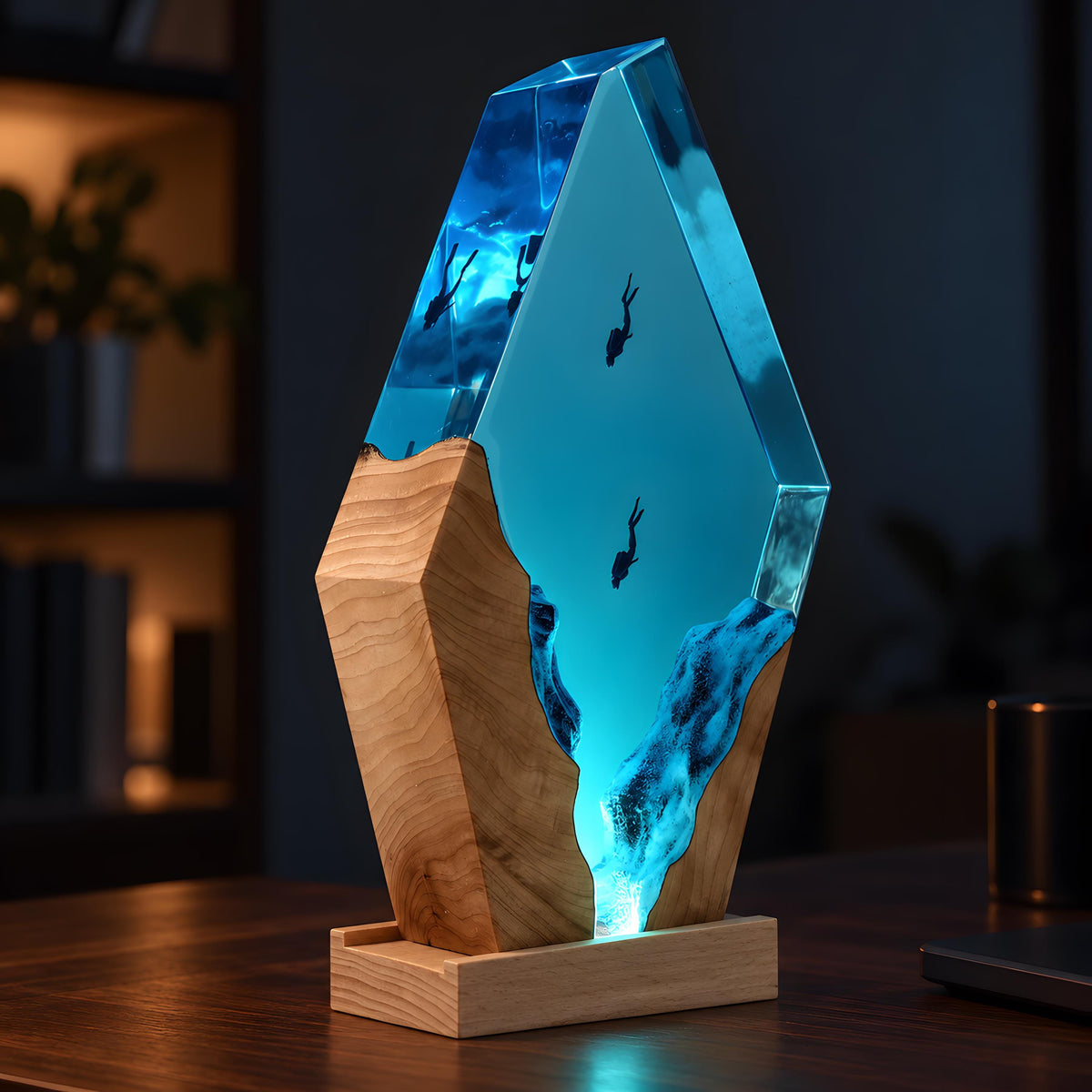 Ocean Resin Lamp, Scuba Diver LED Night Light, Underwater Coastal Decor, Epoxy Desk Lamp