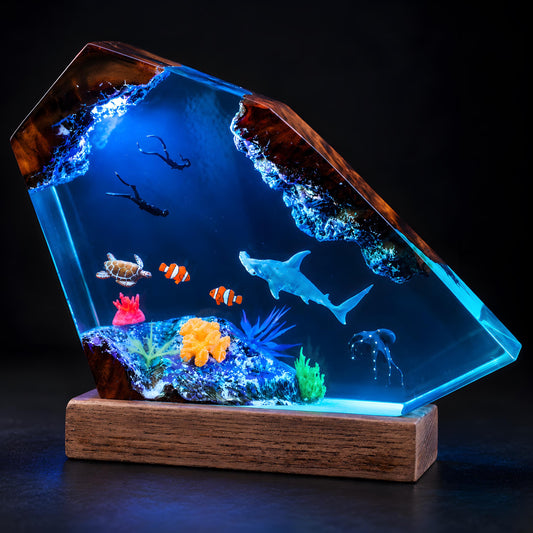 Ocean Resin Lamp, Shark Diver Night Light, Sea Turtle Coastal Desk Decor