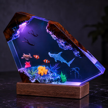 Ocean Resin Lamp, Shark Diver Night Light, Sea Turtle Coastal Desk Decor