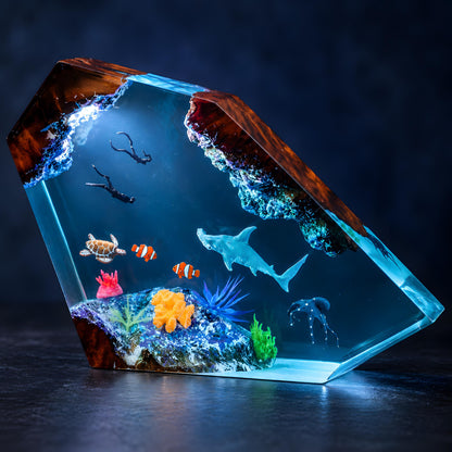 Ocean Resin Lamp, Shark Diver Night Light, Sea Turtle Coastal Desk Decor