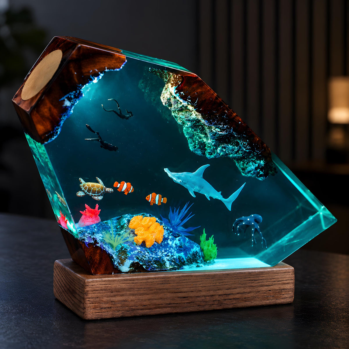 Ocean Resin Lamp, Shark Diver Night Light, Sea Turtle Coastal Desk Decor