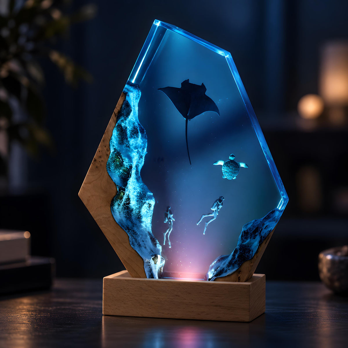 Ocean Resin Lamp, Manta Ray Night Light, Diver & Sea Turtle Underwater Decor