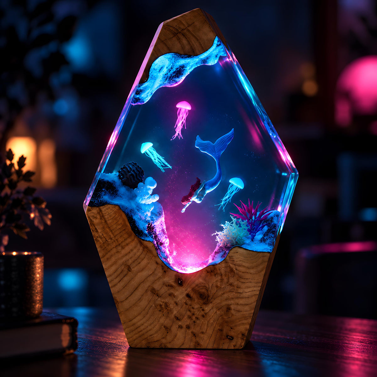 Ocean Resin Lamp, Mermaid LED Night Light, Jellyfish Sea Life Decor, Coastal Gift