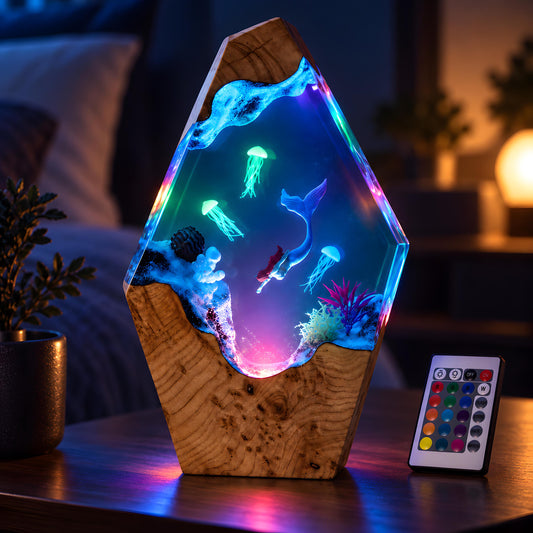 Ocean Resin Lamp, Mermaid LED Night Light, Jellyfish Sea Life Decor, Coastal Gift