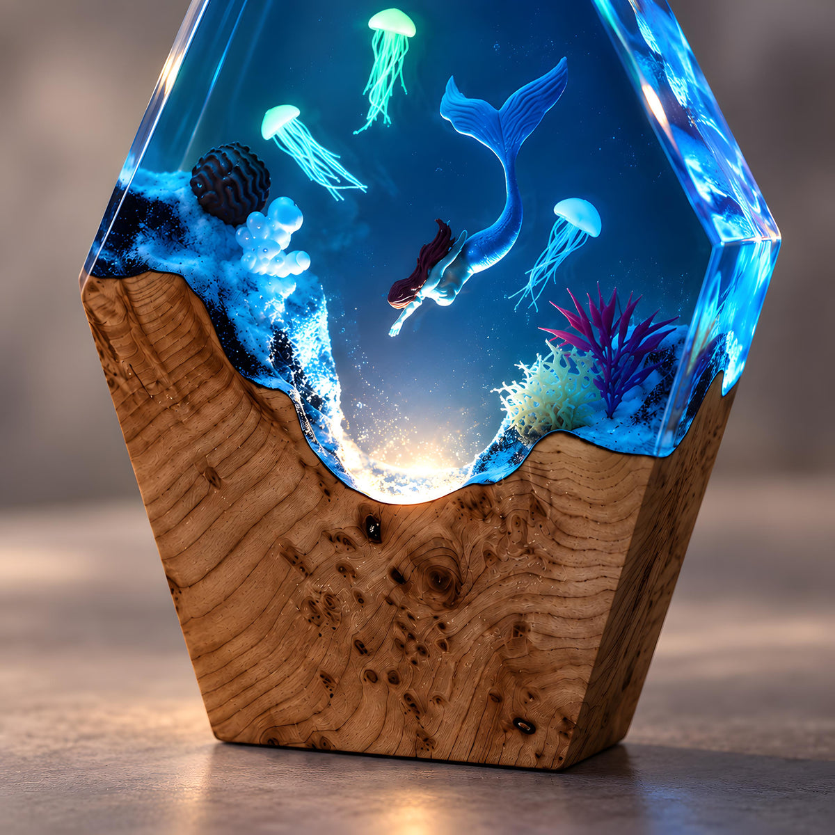 Ocean Resin Lamp, Mermaid LED Night Light, Jellyfish Sea Life Decor, Coastal Gift