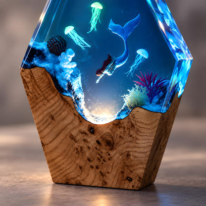 Ocean Resin Lamp, Mermaid LED Night Light, Jellyfish Sea Life Decor, Coastal Gift