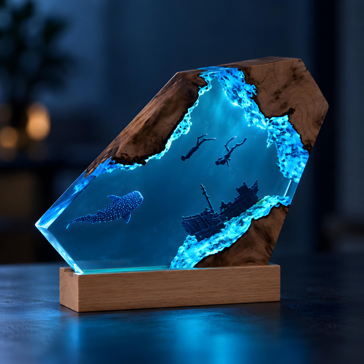 Underwater Resin Lamp, Scuba Diver Shipwreck Night Light, Sea Life Desk Decor