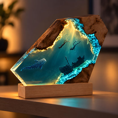 Underwater Resin Lamp, Scuba Diver Shipwreck Night Light, Sea Life Desk Decor