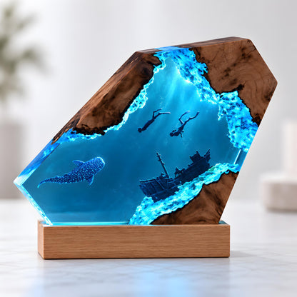 Underwater Resin Lamp, Scuba Diver Shipwreck Night Light, Sea Life Desk Decor