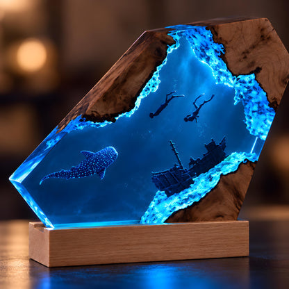 Underwater Resin Lamp, Scuba Diver Shipwreck Night Light, Sea Life Desk Decor