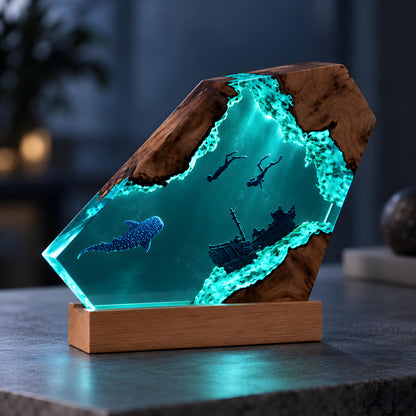 Underwater Resin Lamp, Scuba Diver Shipwreck Night Light, Sea Life Desk Decor