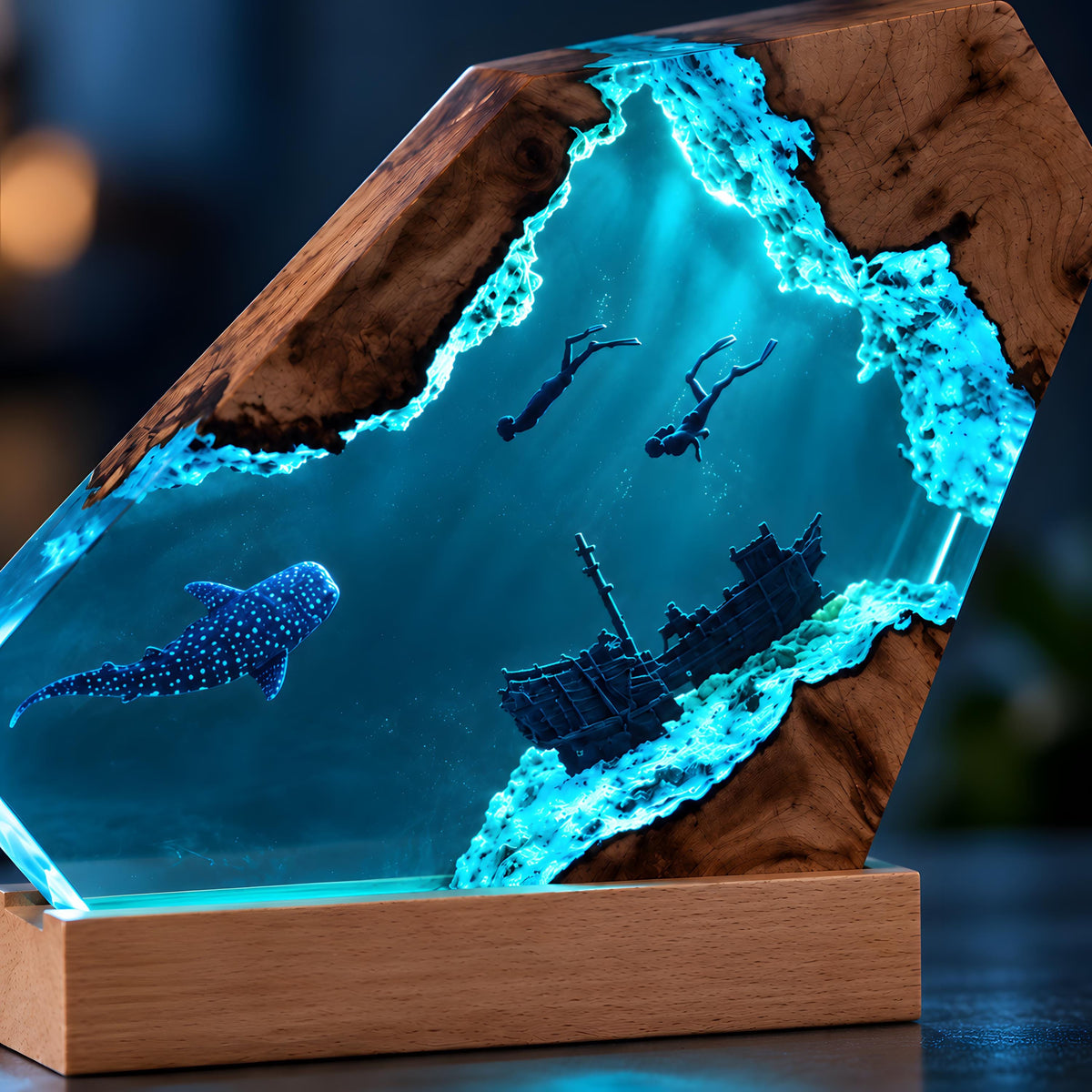 Underwater Resin Lamp, Scuba Diver Shipwreck Night Light, Sea Life Desk Decor