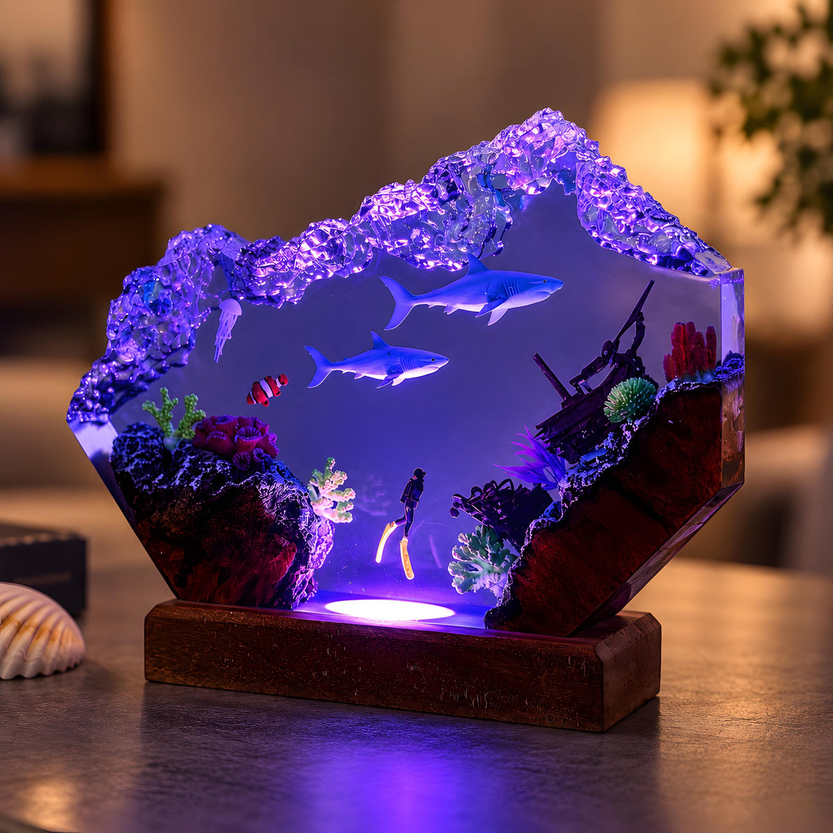 Shark Resin Lamp, Scuba Diver LED Night Light, Ocean Shipwreck Coastal Decor