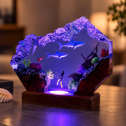 Shark Resin Lamp, Scuba Diver LED Night Light, Ocean Shipwreck Coastal Decor