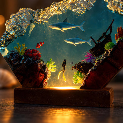 Shark Resin Lamp, Scuba Diver LED Night Light, Ocean Shipwreck Coastal Decor