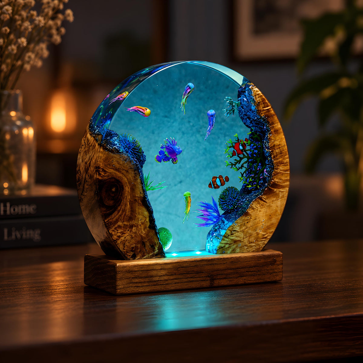 Ocean Resin Lamp, Tropical Fish LED Night Light, Coral Reef Marine Decor, Coastal Lamp