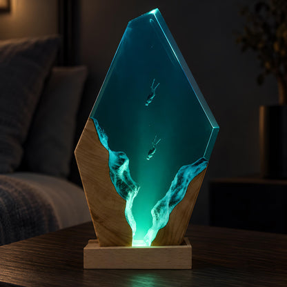 Ocean Resin Lamp, Scuba Diver LED Night Light, Underwater Coastal Decor, Epoxy Desk Lamp