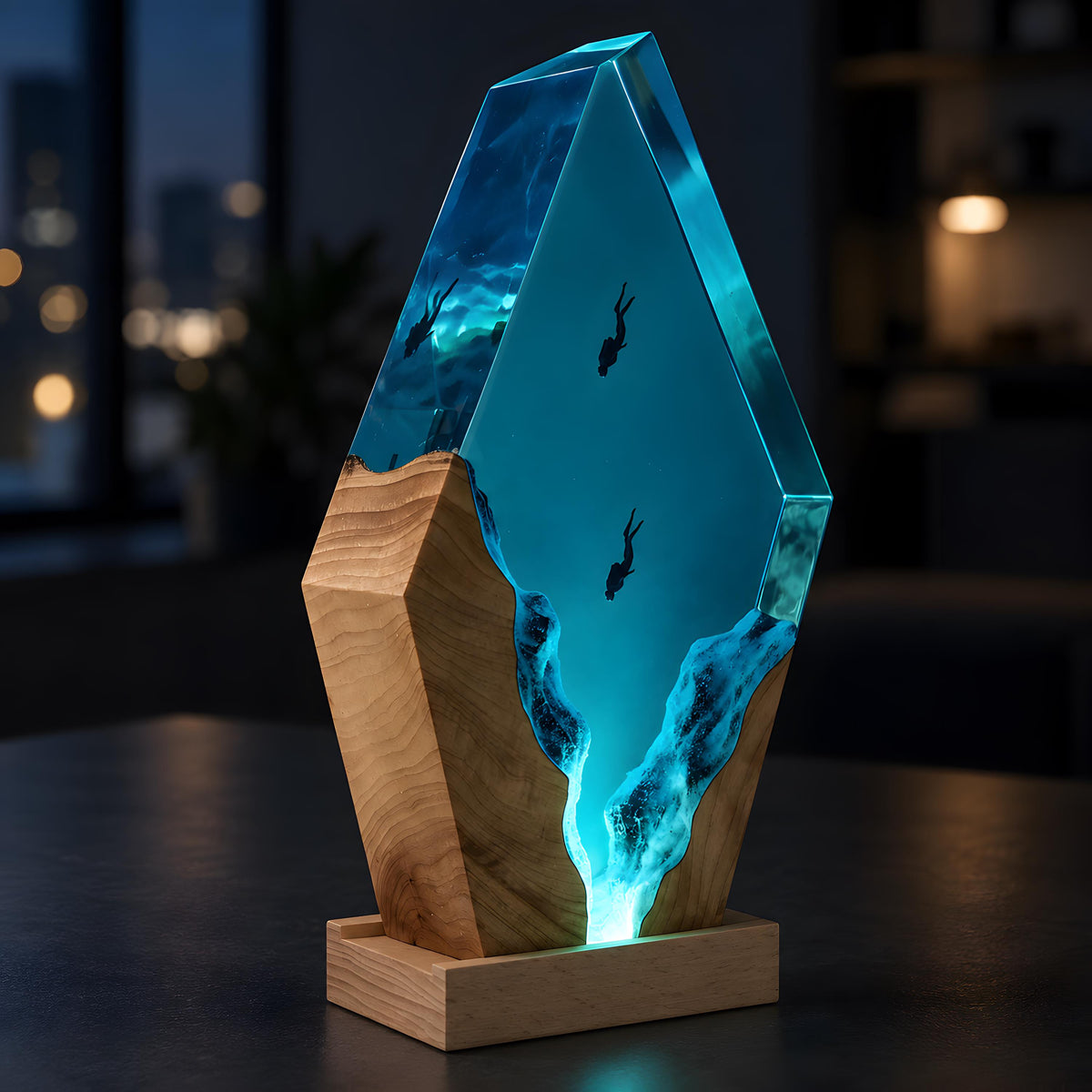 Ocean Resin Lamp, Scuba Diver LED Night Light, Underwater Coastal Decor, Epoxy Desk Lamp