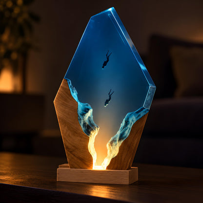 Ocean Resin Lamp, Scuba Diver LED Night Light, Underwater Coastal Decor, Epoxy Desk Lamp