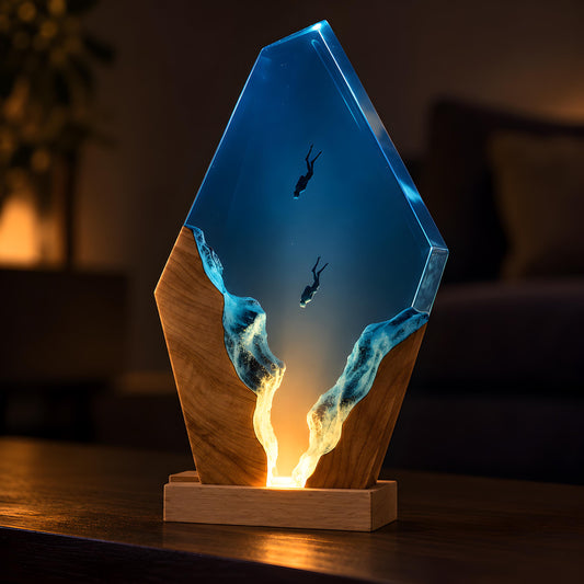 Ocean Resin Lamp, Scuba Diver LED Night Light, Underwater Coastal Decor, Epoxy Desk Lamp