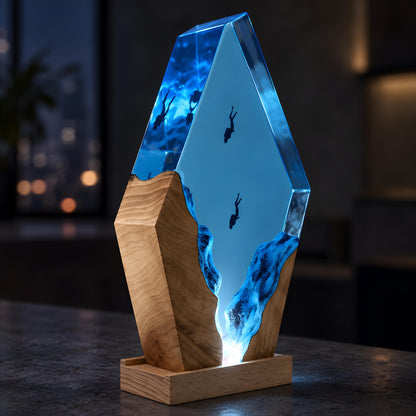 Ocean Resin Lamp, Scuba Diver LED Night Light, Underwater Coastal Decor, Epoxy Desk Lamp