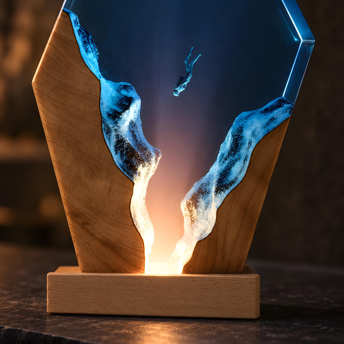 Ocean Resin Lamp, Scuba Diver LED Night Light, Underwater Coastal Decor, Epoxy Desk Lamp