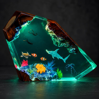 Ocean Resin Lamp, Shark Diver Night Light, Sea Turtle Coastal Desk Decor