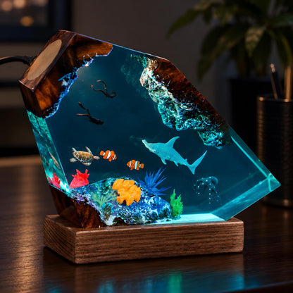 Ocean Resin Lamp, Shark Diver Night Light, Sea Turtle Coastal Desk Decor