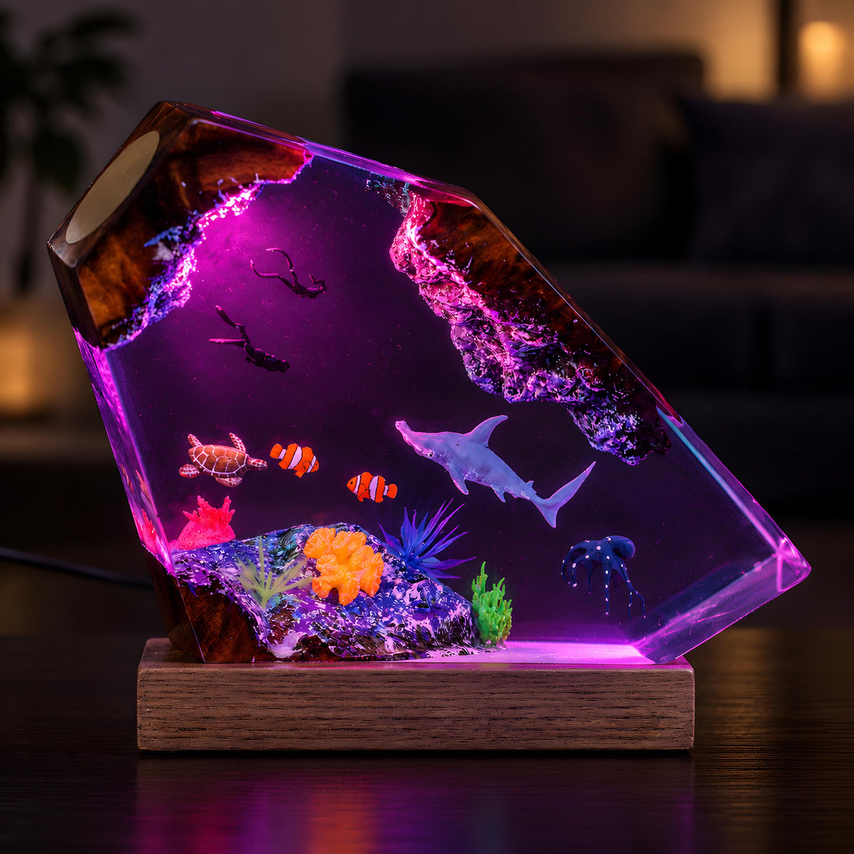 Ocean Resin Lamp, Shark Diver Night Light, Sea Turtle Coastal Desk Decor