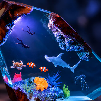 Ocean Resin Lamp, Shark Diver Night Light, Sea Turtle Coastal Desk Decor