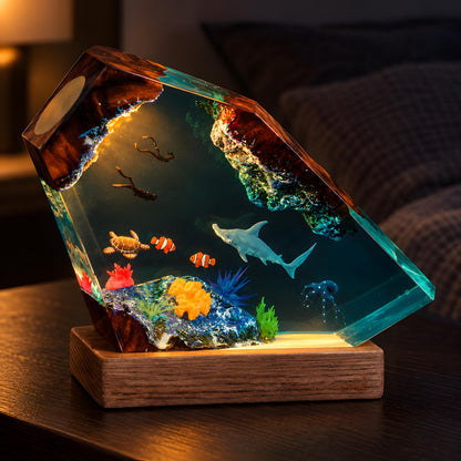 Ocean Resin Lamp, Shark Diver Night Light, Sea Turtle Coastal Desk Decor